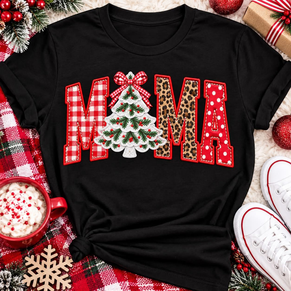 Faux Embroidered Christmas Mama Tee (Ships in 7-10 days)