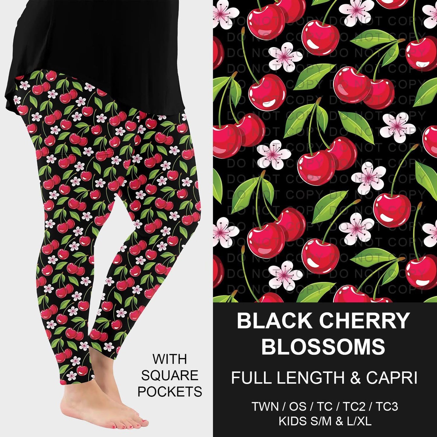Black Cherry Blossoms Pocket Capri Leggings-Tween (PreOrder ETA mid/late August)