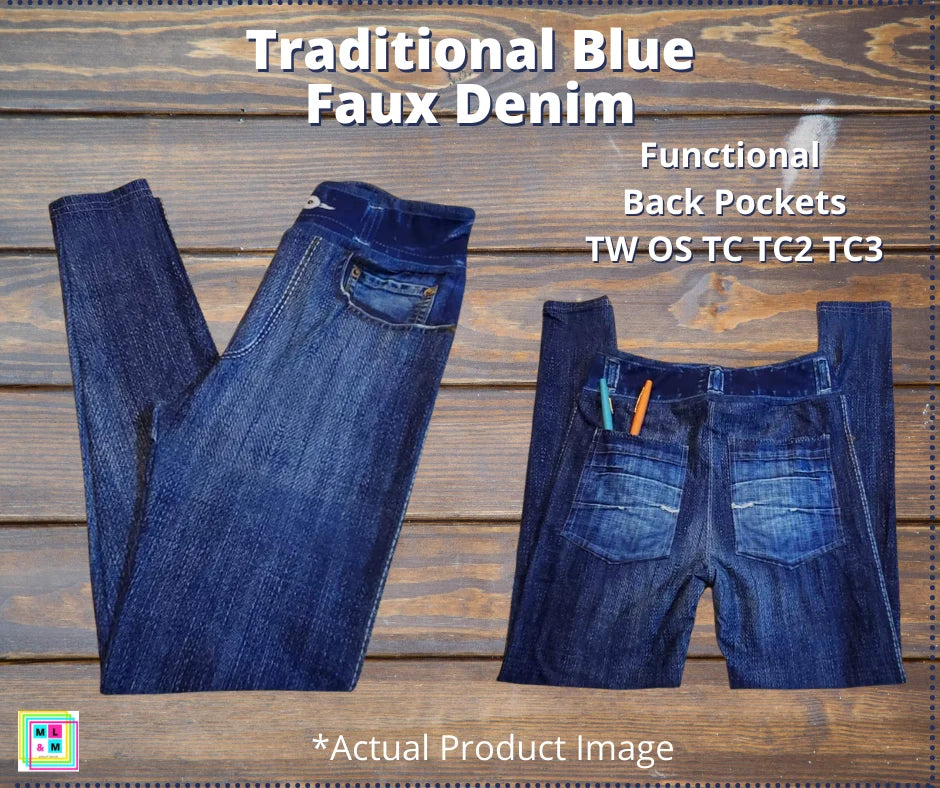 Blue Faux Denim Pocket Leggings