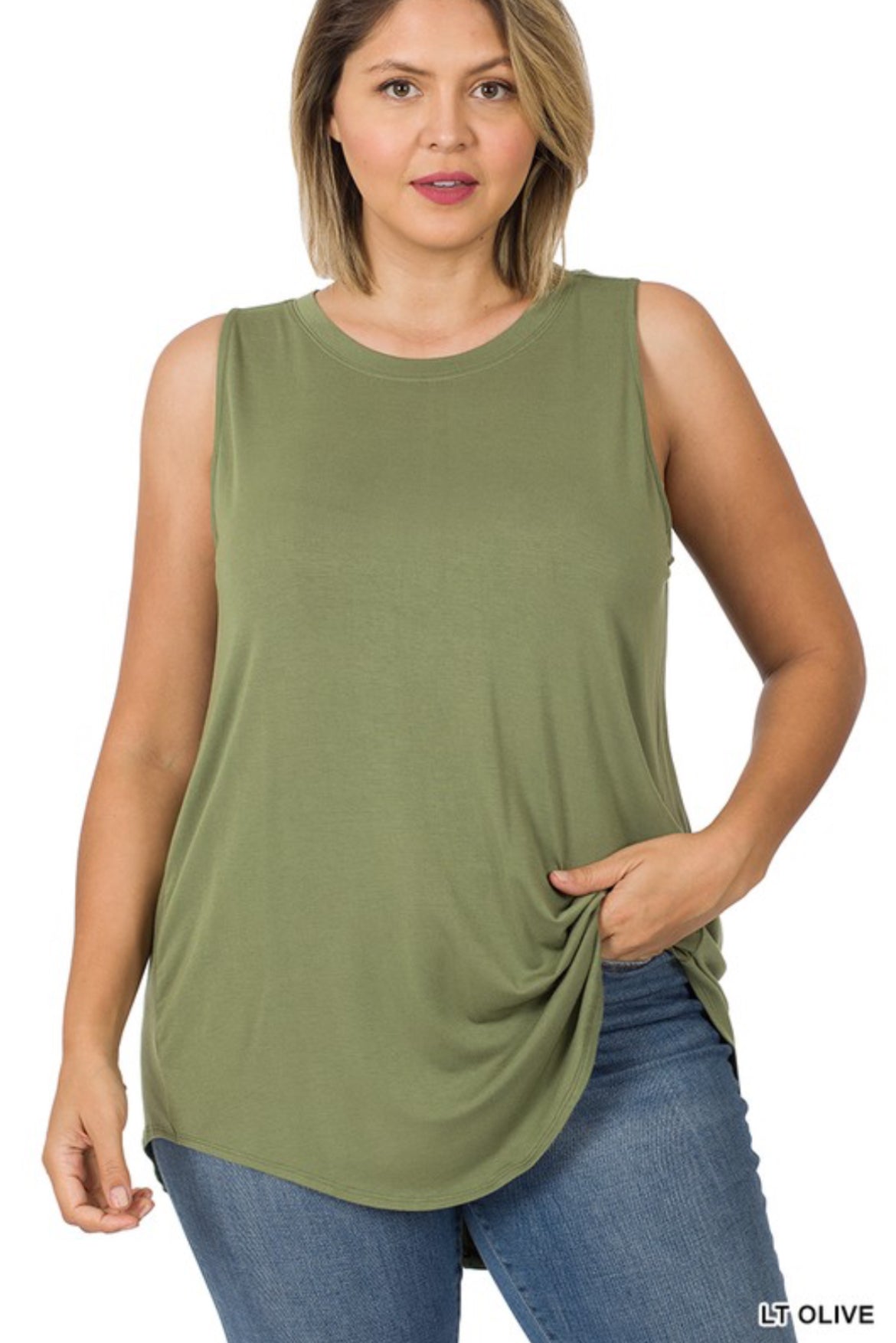 **FINAL SALE** Sleeveless Scoop Neck Hi-Low/Lt Olive