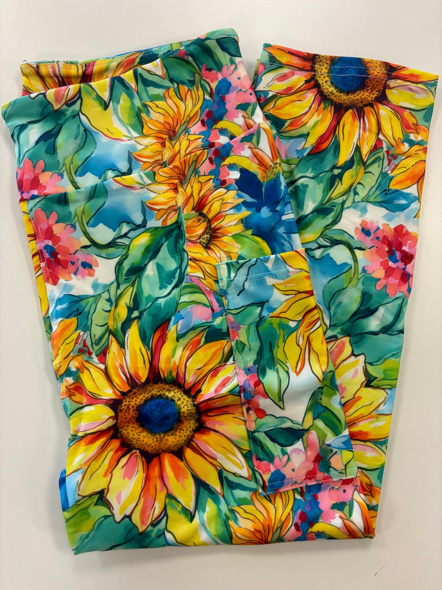Watercolor Sunflower Pocket Capri Leggings