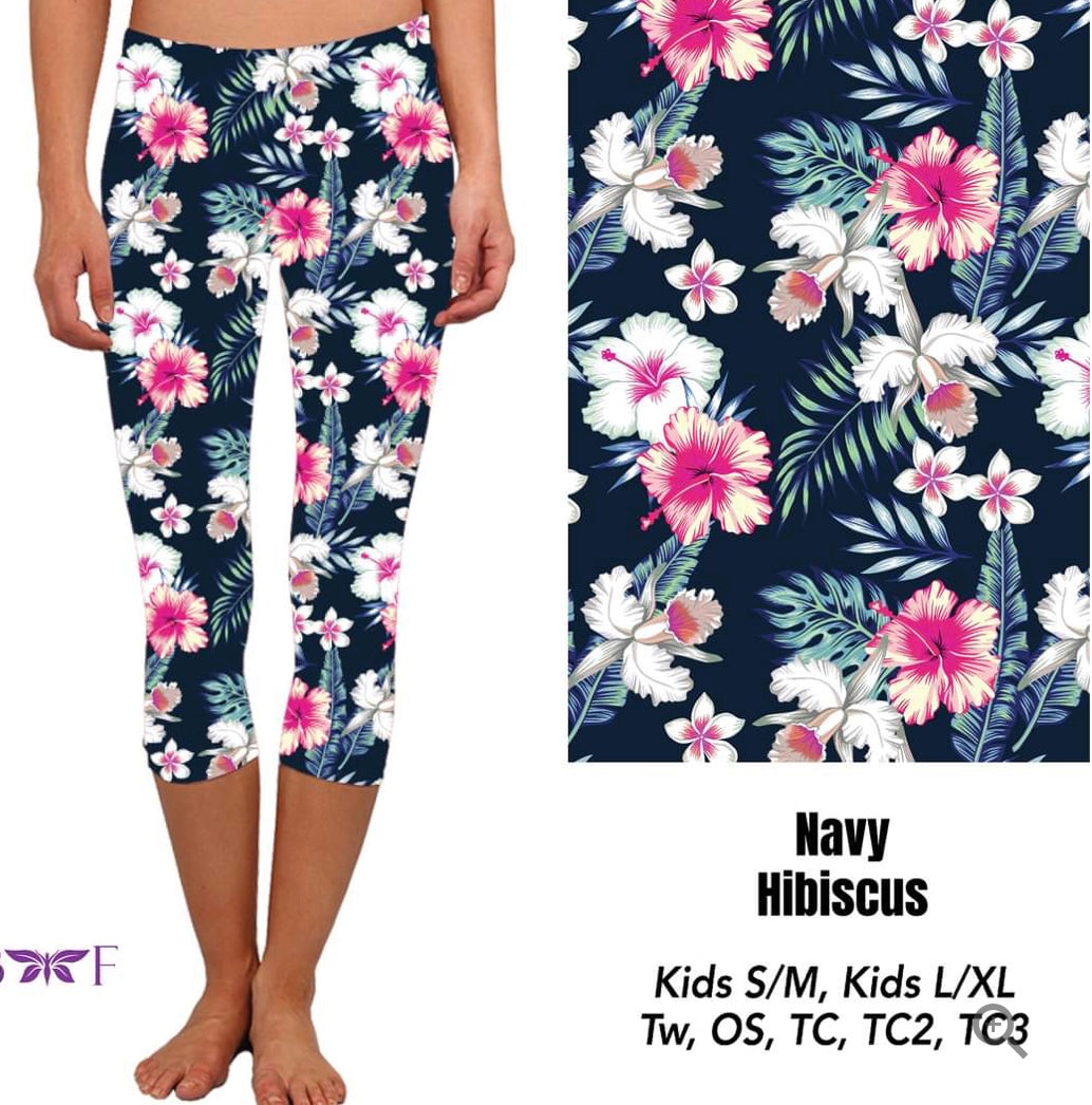 Navy Hibiscus Pocket Capri Leggings