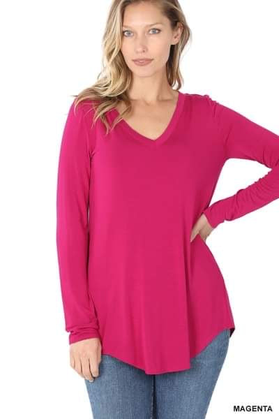 **FINAL SALE** Morgan Long Sleeve V Neck Tee/ Magenta
