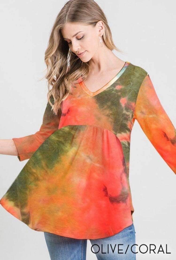 **FINAL SALE** Coral & Olive Tie Dye Baby Doll Top
