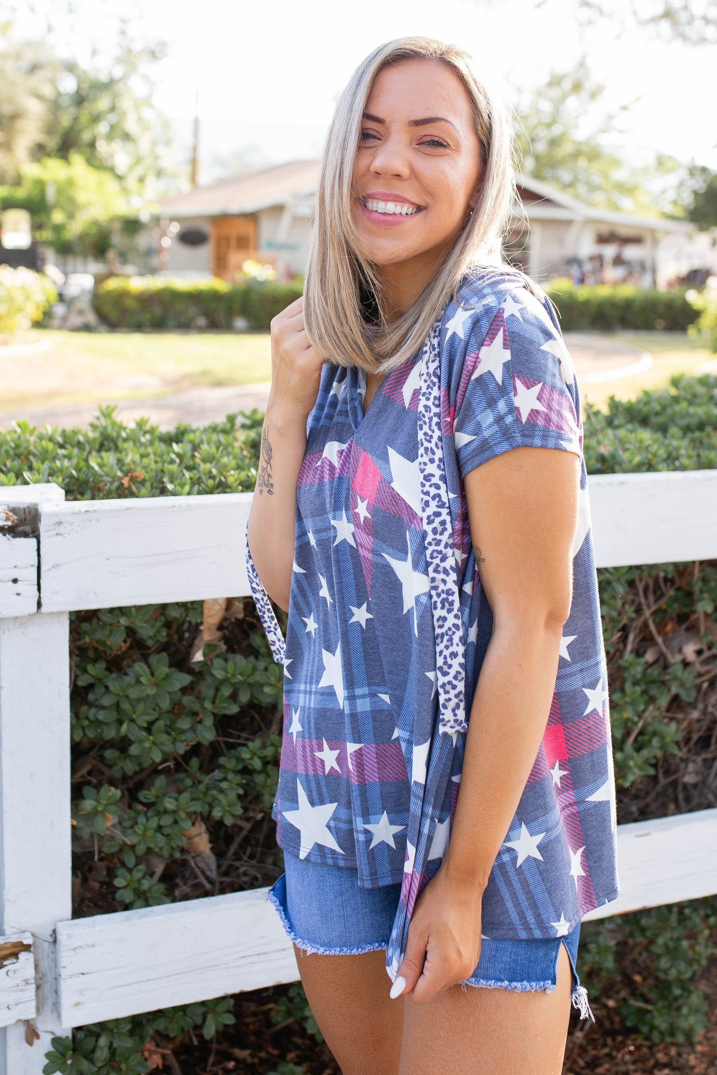 Patriotic Plaid Short Sleeve Hoodie