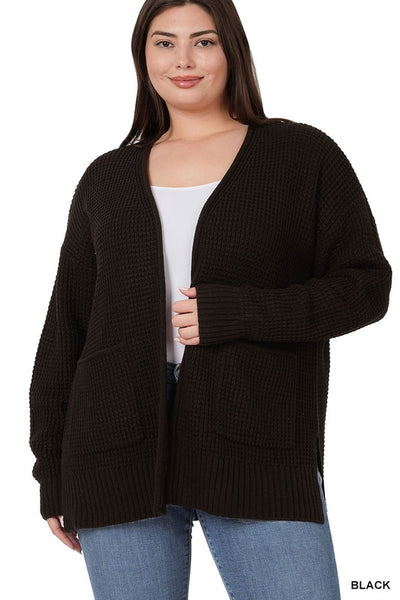 Plus Low Gauge Waffle Open Cardigan Sweater