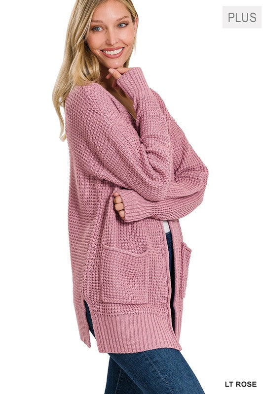 Plus Low Gauge Waffle Open Cardigan Sweater