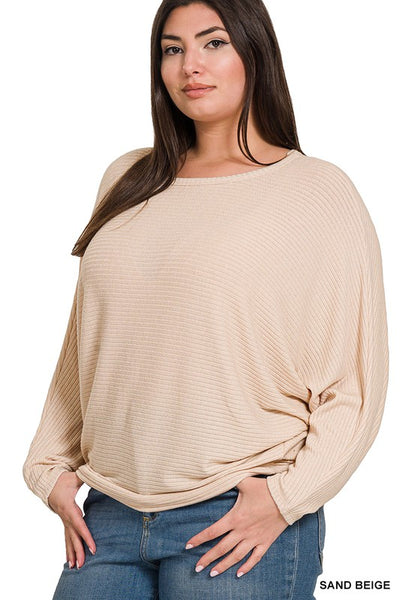 Plus Ribbed Batwing Long Sleeve Boat Neck Sweater