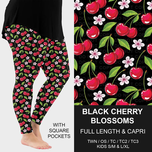 Black Cherry Blossoms Pocket Capri Leggings-Tween (PreOrder ETA mid/late August)