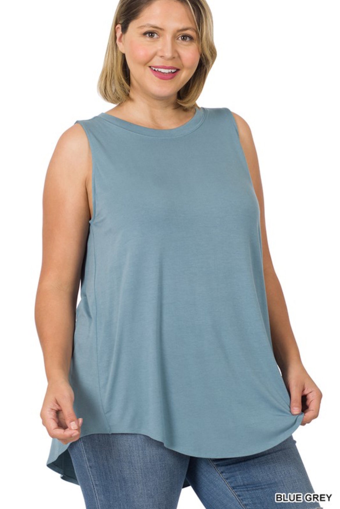 **FINAL SALE** Sleeveless Scoop Neck Hi-Low/Blue Grey