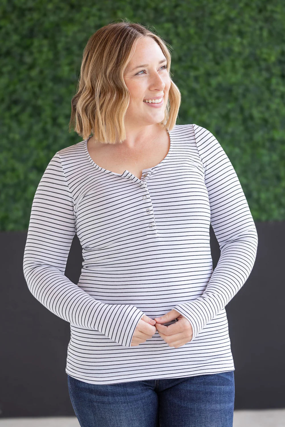 Striped Henley Long Sleeve/White