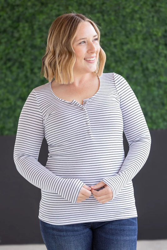 Striped Henley Long Sleeve/White