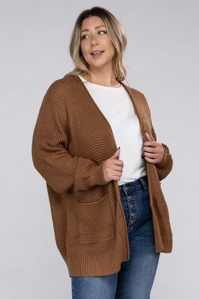 Plus Low Gauge Waffle Open Cardigan Sweater