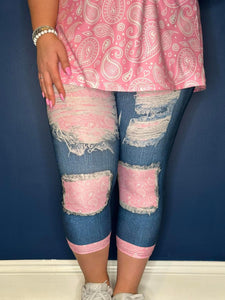 Pink Paisley Peekaboo Capri Leggings WITH Back Pockets