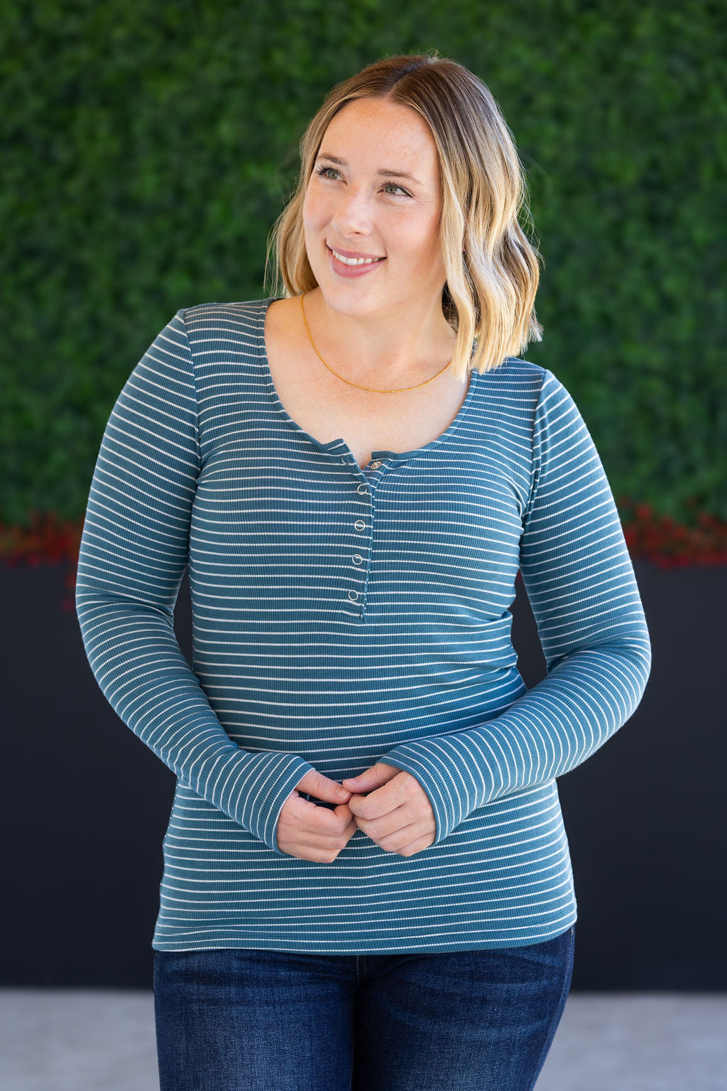 IN STOCK Striped Henley Long Sleeve - Dusty Teal FINAL SALE