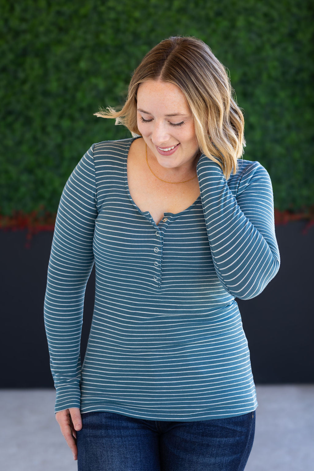 IN STOCK Striped Henley Long Sleeve - Dusty Teal FINAL SALE
