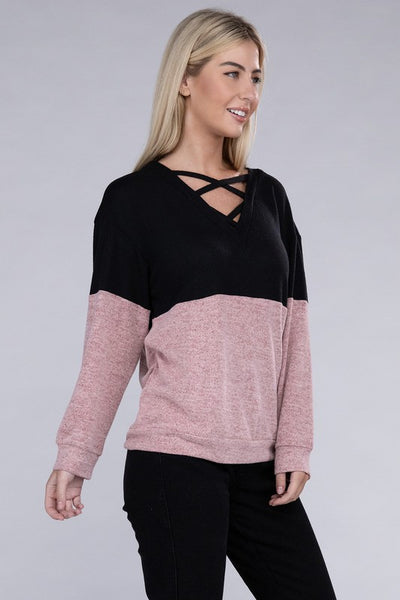 Lace Up V Neck Long Sleeve Top