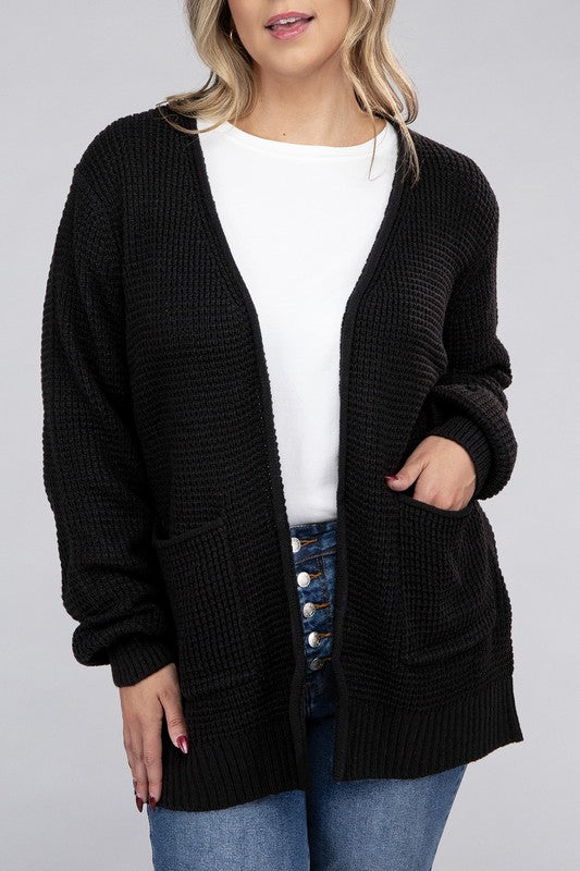 Plus Low Gauge Waffle Open Cardigan Sweater