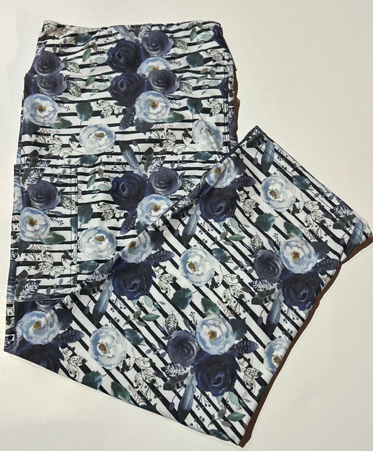 Blue Striped Floral Pocket Capri Leggings