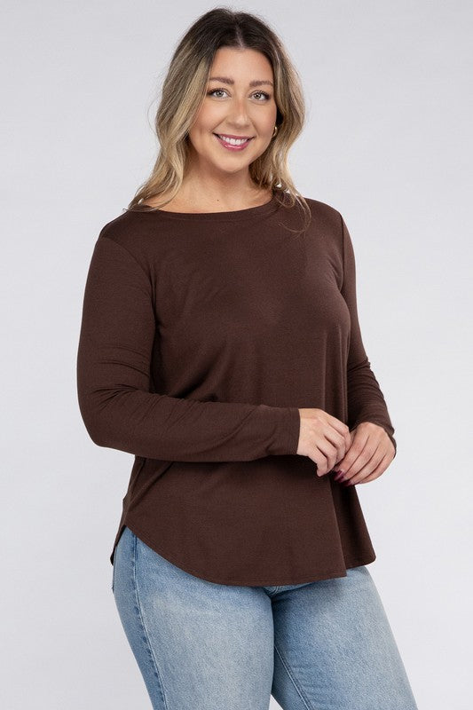 Plus Long Sleeve Round Neck Round Hem Top