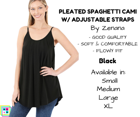 Pleated Spaghetti Strap Cami - Black