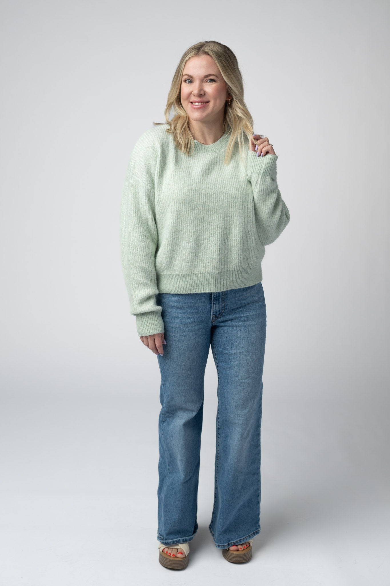 IN STOCK Josie Cozy Crew Sweater - Light Green FINAL SALE