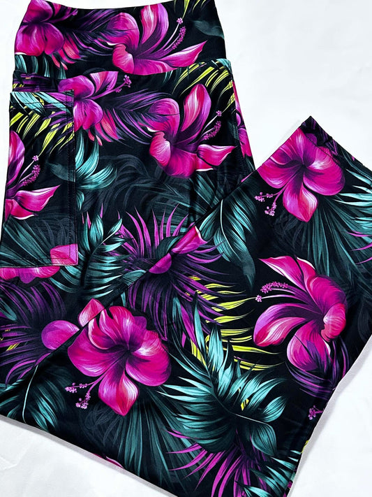 Pink Tropical Hibiscus Pocket Capri Leggings