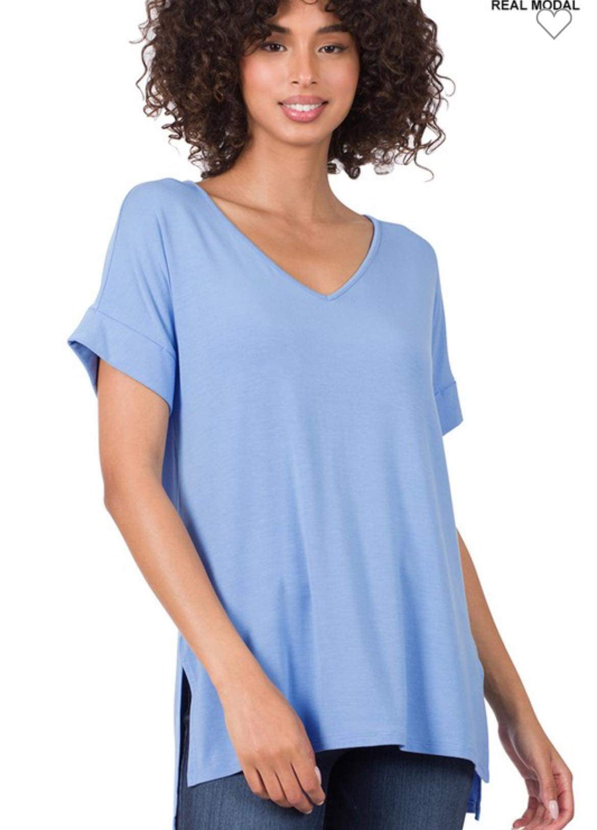 **FINAL SALE** Modal Cuffed Sleeve V-Neck / Spring Blue