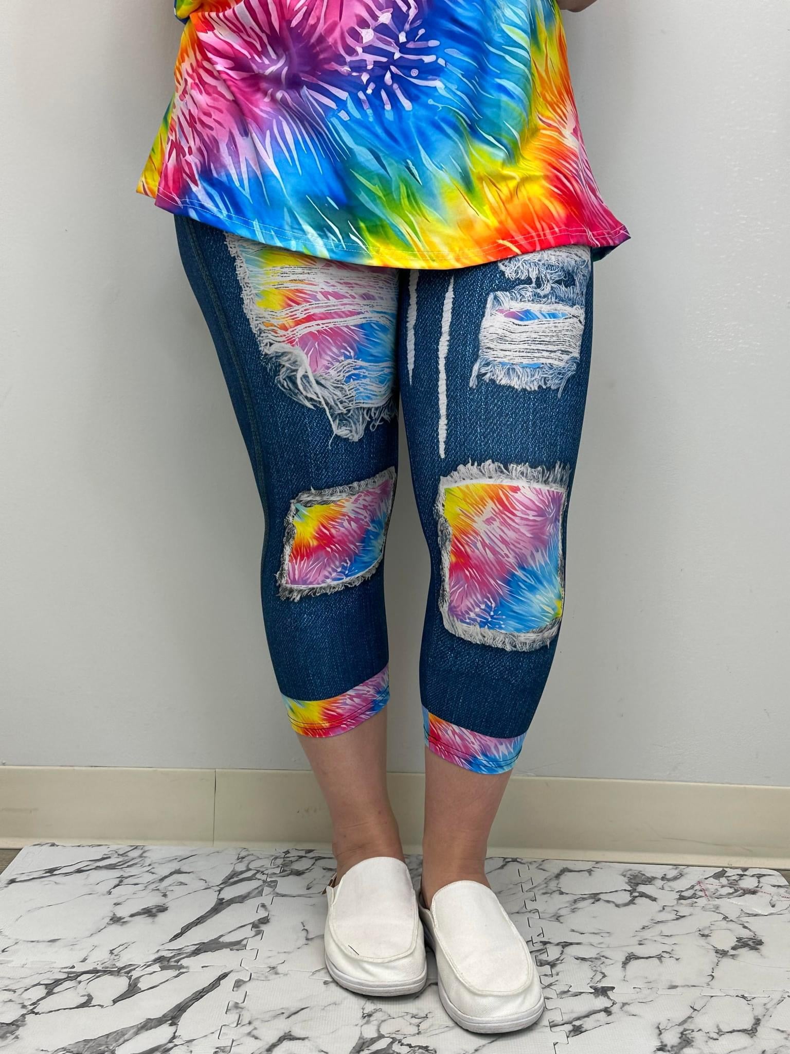 Rainbow Stripes Peekaboo Capri Leggings WITH Back Pockets