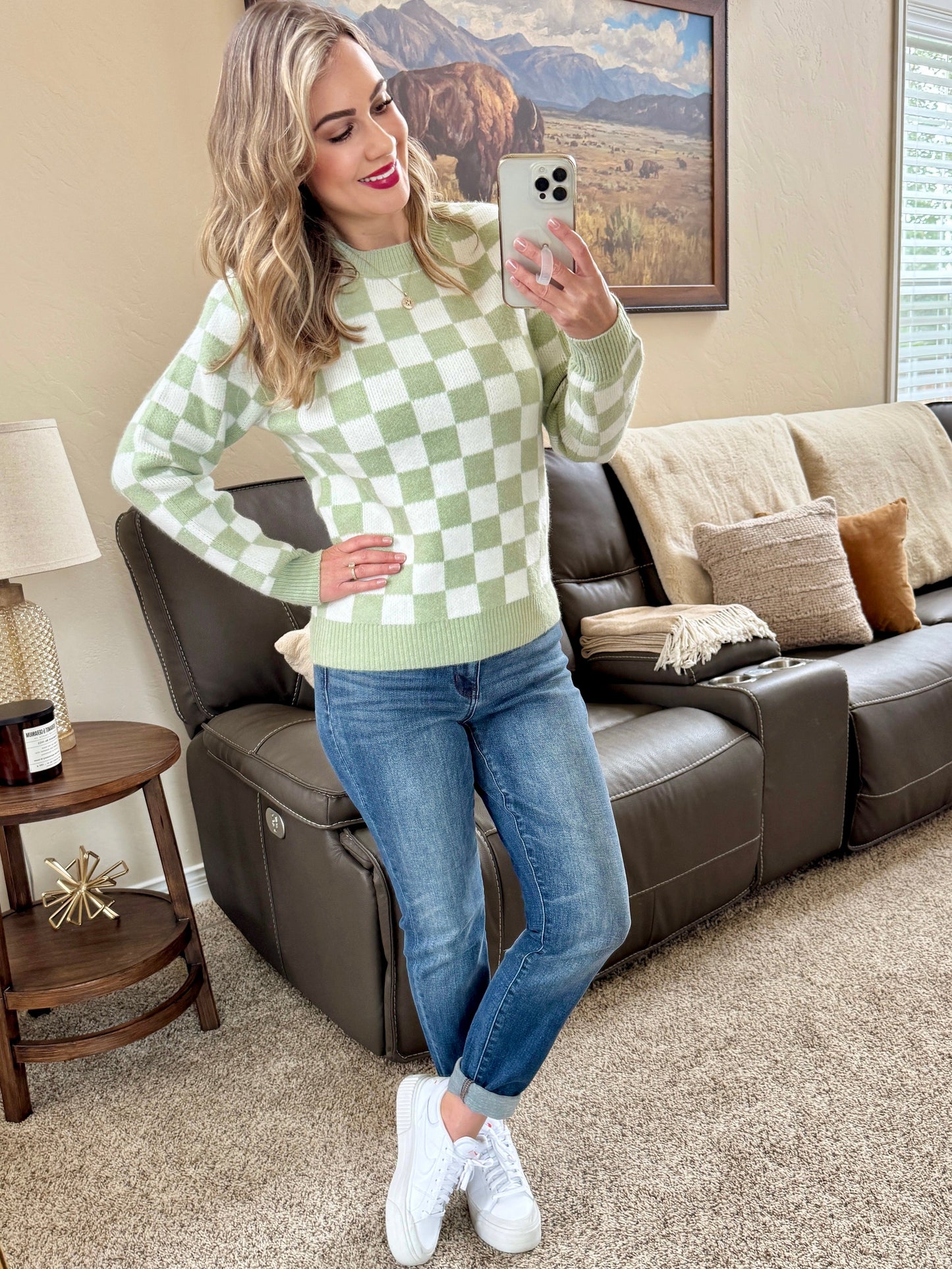 IN STOCK Checkered Sweater - Sage and White FINAL SALE