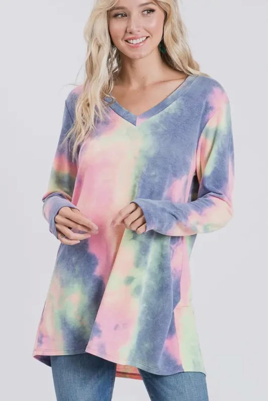 Tie Dye V Neck Long Sleeve