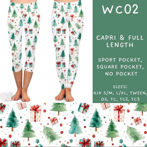 Watercolor Christmas Collection Part 2: CAPRI Length Leggings WITH Sports Style Pockets  PREORDER ( ETA mid December)