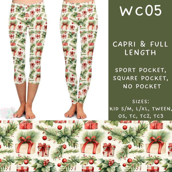 Watercolor Christmas Collection Part 1: CAPRI Length Leggings WITH Sports Style Pockets  PREORDER ( ETA mid December)