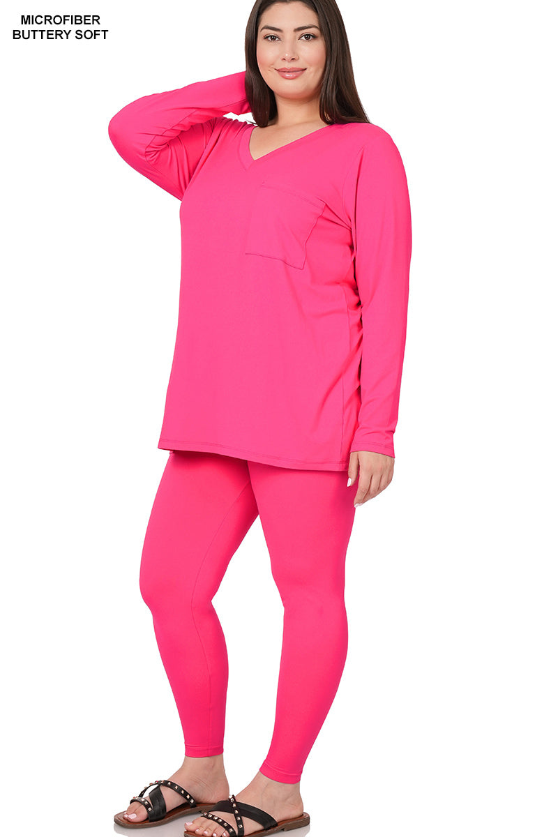 PLUS DTY Microfiber Long Sleeve V Neck Pocket Top - Fuchsia