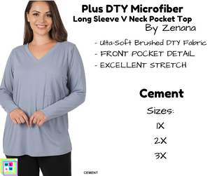 PLUS DTY Microfiber Long Sleeve V Neck Pocket Top - Cement