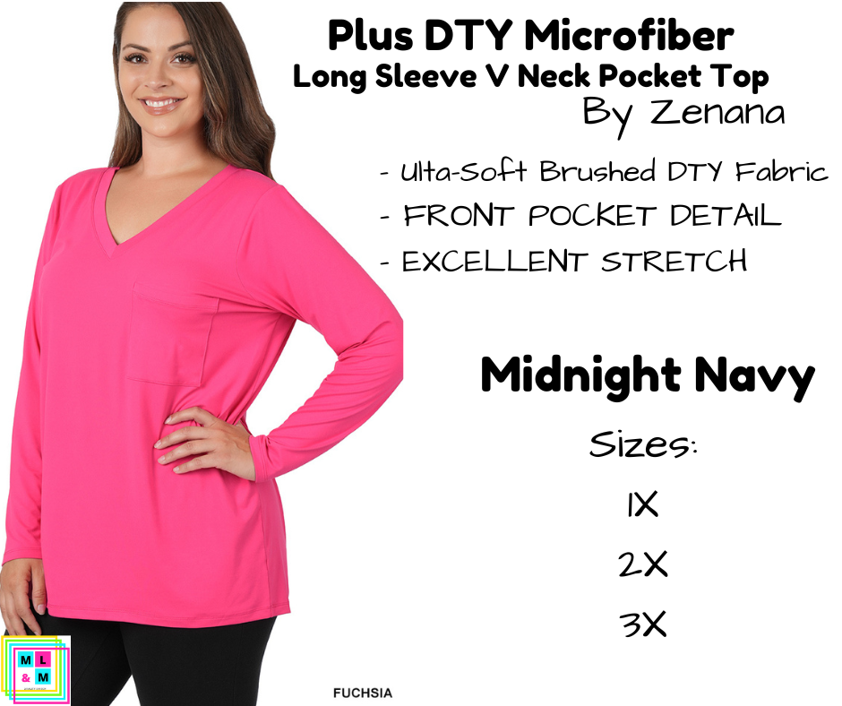 PLUS DTY Microfiber Long Sleeve V Neck Pocket Top - Fuchsia