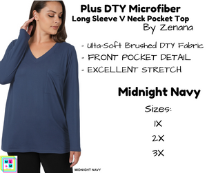 PLUS DTY Microfiber Long Sleeve V Neck Pocket Top - Midnight Navy