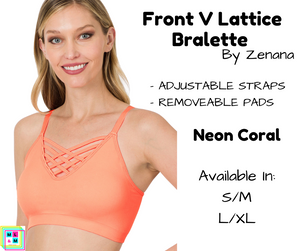 Front V Lattice Bralette - Neon Coral