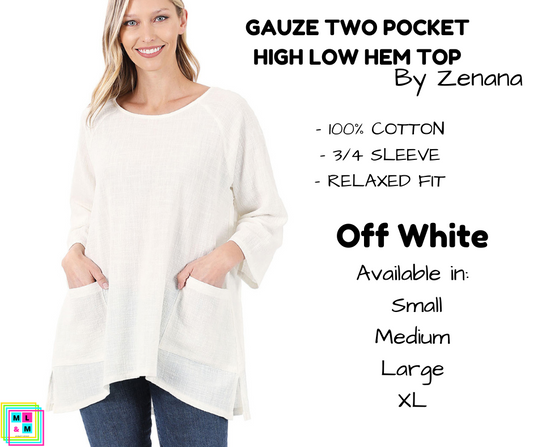 Gauze Two Pocket High Low Hem Top - Off White