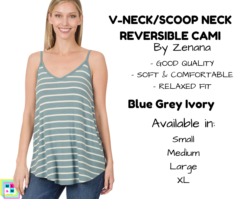 V-Neck/Scoop Neck Reversible Cami - Striped Blue Grey/Ivory