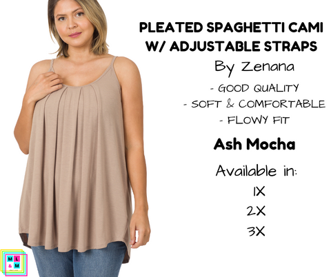 PLUS Pleated Spaghetti Strap Cami - Ash Mocha