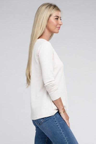 Melange Baby Waffle V-Neck Long Sleeve Top