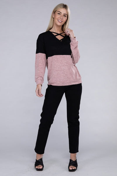 Lace Up V Neck Long Sleeve Top