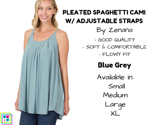 Pleated Spaghetti Strap Cami - Blue Grey