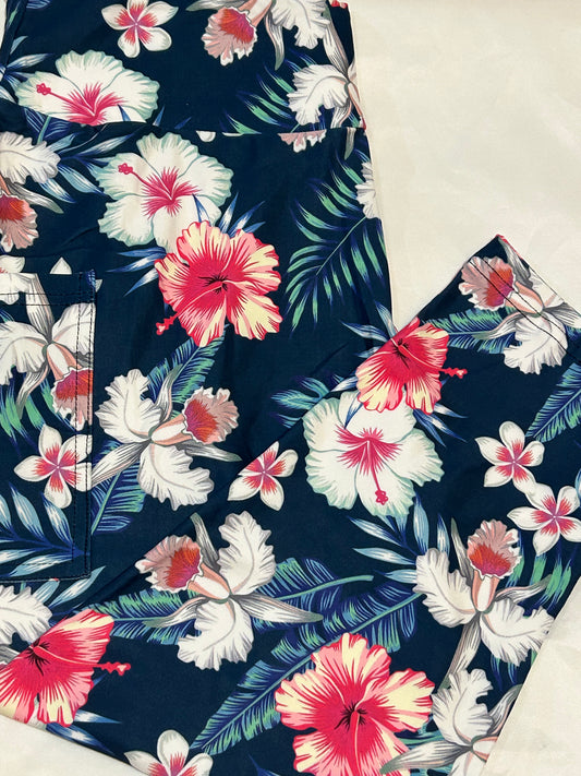 Navy Hibiscus Pocket Capri Leggings