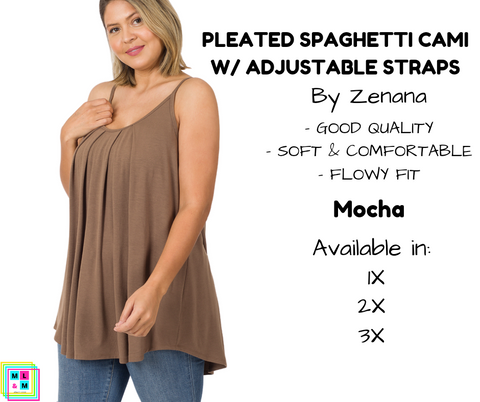 PLUS Pleated Spaghetti Strap Cami - Mocha