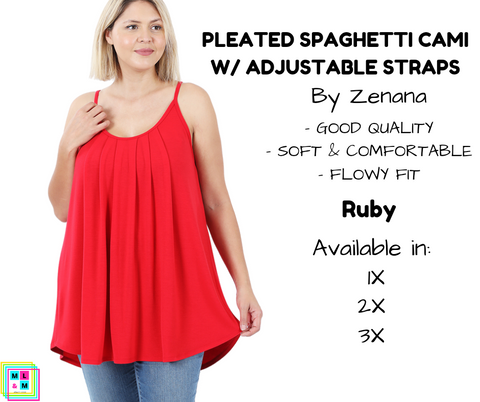 PLUS Pleated Spaghetti Strap Cami - Ruby