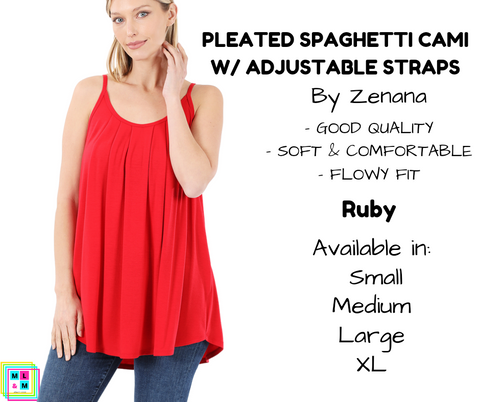 Pleated Spaghetti Strap Cami - Ruby