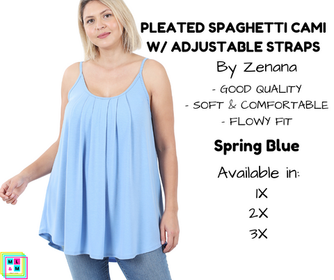 PLUS Pleated Spaghetti Strap Cami - Spring Blue