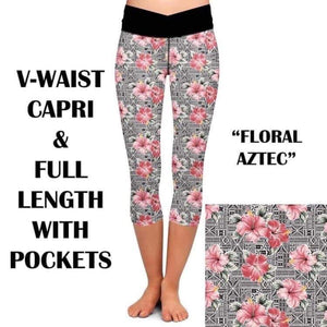 Floral Aztec V- Waist Capri Leggings With Pockets